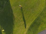 Drone shot di un uomo che gioca a golf in un campo da golf in una giornata di sole, in piedi vicino a una palla prima di prendere un ictus — Foto stock