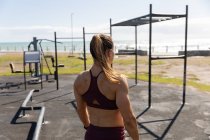 Vue arrière d'une femme sportive caucasienne avec de longs cheveux foncés faisant de l'exercice dans une salle de gym extérieure pendant la journée, regardant la mer. — Photo de stock