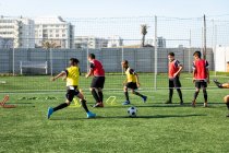 Seitenansicht einer Gruppe multiethnischer Junge-Fußballer, die an einem sonnigen Tag auf einem Spielfeld trainieren, laufen, über niedrige Hürden springen und Ballgeschicklichkeit üben — Stockfoto