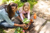 A Caucasian woman and her daughter enjoying time together in a sunny garden, planting a seedling in a plant pot — Stock Photo