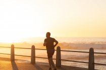 Vista trasera de un hombre mayor caucásico maduro haciendo ejercicio en un paseo marítimo en un día soleado, corriendo al atardecer - foto de stock