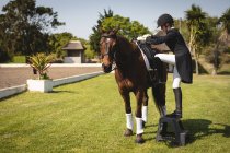 Side view of a smartly dressed Caucasian female dressage rider getting onto a chestnut horse during dressage show on a sunny day. — Stock Photo