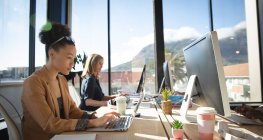 Eine Geschäftsfrau mit gemischter Rasse, die in einem modernen Büro arbeitet, am Schreibtisch sitzt und einen Laptop benutzt, während ihr Kollege im Hintergrund arbeitet. — Stockfoto