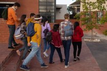 Visão traseira de um grupo multi-étnico de estudantes adolescentes do sexo masculino e feminino falando enquanto caminham por seus terrenos escolares — Fotografia de Stock