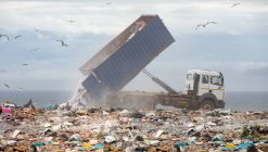 Vogelschwärme fliegen über fahrende Fahrzeuge und bringen Müll auf eine Mülldeponie voller aufgetürmter Abfälle, im Hintergrund ein wolkenverhangener Himmel. Globale Umweltfrage der Abfallentsorgung. — Stockfoto