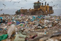 Troupeau d'oiseaux survolant le bulldozer en train de travailler et de déblayer des déchets empilés sur une décharge remplie de déchets avec un ciel nuageux et couvert. Enjeu environnemental mondial de l'élimination des déchets. — Photo de stock