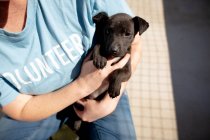 Vista frontal sección central de una voluntaria con un uniforme azul en un refugio de animales sosteniendo un cachorro rescatado en sus brazos. - foto de stock