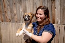 Vista frontale da vicino di una veterinaria che indossa un camice blu in un rifugio per animali con in braccio un cucciolo salvato in una giornata di sole. — Foto stock