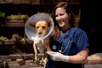 Vista frontal de cerca de una veterinaria femenina vestida con uniformes azules en un refugio de animales sosteniendo a un cachorro rescatado en sus brazos en un día soleado. - foto de stock