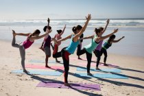 Vista lateral de um grupo multi-étnico de amigas que gostam de se exercitar em uma praia em um dia ensolarado, praticando ioga, de pé em posição de ioga, alongamento.. — Fotografia de Stock