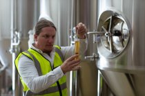 Caucasian man working at a microbrewery, wearing a high visibility vest, inspecting a glass of beer, checking its color. — Stock Photo