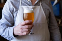 Sección media del hombre trabajando en un pub de microcervecería, usando delantal blanco, sirviendo una pinta de cerveza, sosteniéndola frente a él. - foto de stock