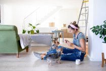 Caucasian woman spending time at home self isolating and social distancing in quarantine lockdown during coronavirus covid 19 epidemic, taking a break while renovating her home, sitting on the floor and playing with her dogs. — Stock Photo