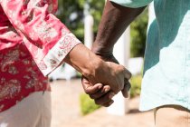 У середній частині афроамериканської пари проводять час у своєму саду разом, соціальна відстань і самоізоляція в карантині під час коронавірусу covid 19 епідемія, стоячи і тримаючись за руки — стокове фото