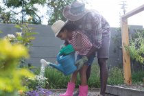 Афроамериканская девочка и ее отец социальное дистанцирование дома во время карантинной изоляции, проводить время в их саду вместе, поливая цветы, в солнечный день. — стоковое фото