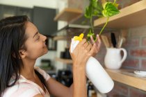 Mixed race woman spending time at home self isolating and social distancing in quarantine lockdown during coronavirus covid 19 epidemic, taking care of her plants. — Stock Photo