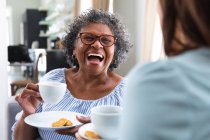 Mujer de raza mixta mayor pasando tiempo en casa con su hija, distanciamiento social y aislamiento en cuarentena, tomando el té juntos y hablando - foto de stock