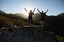 Vue arrière du couple caucasien profitant du temps dans la nature ensemble, portant un équipement de tyrolienne, randonnée, debout sur un rocher, bras en l'air, par une journée ensoleillée dans les montagnes — Photo de stock