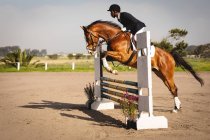 Side view of smartly dressed African American man riding his chestnut horse at a show jumping event, jumping a fence on a sunny day. — Stock Photo