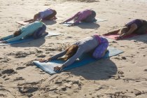 Група друзів з Кавказу у сонячний день насолоджуються вправами на пляж, займаючись йогою і сидячи в позиції йоги.. — стокове фото