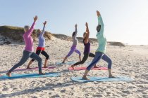 Grupo de amigas caucásicas disfrutando haciendo ejercicio en una playa en un día soleado, practicando yoga y de pie en posición de yoga. - foto de stock