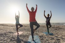 Gruppo di amiche caucasiche che si esercitano su una spiaggia in una giornata di sole, praticano yoga, stanno in piedi in posizione sull'albero e si affacciano sul mare. — Foto stock