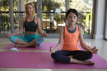Kaukasierin und ihre Tochter verbringen Zeit zu Hause zusammen, machen Yoga, meditieren. Soziale Distanzierung während Covid 19 Coronavirus Quarantäne Lockdown. — Stockfoto