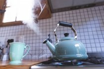 Close up de chaleira tradicional azul pastel com vapor e água fervendo em placa de gás em bancada de madeira na cozinha. Interiores de design de cozinha ideia. — Fotografia de Stock