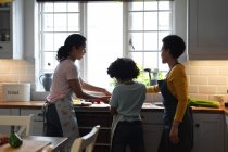 Mixed race lesbian couple and daughter preparing food in kitchen. self isolation quality family time at home together during coronavirus covid 19 pandemic. — Stock Photo