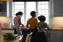 Mezcla de raza lesbiana pareja e hija preparando comida en la cocina. autoaislamiento calidad familia tiempo en casa juntos durante coronavirus covid 19 pandemia. - foto de stock