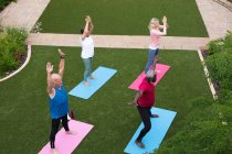 Groupe diversifié d'aînés prenant part à des cours de conditionnement physique dans le jardin. santé fitness bien-être au foyer de soins pour personnes âgées. — Photo de stock