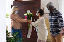 La pareja afroamericana mayor saluda a la pareja caucásica mayor con máscaras faciales en casa. salud higiene bienestar en el hogar de ancianos durante la pandemia de coronavirus covid 19. - foto de stock