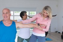 Grupo diverso de idosos que participam de aulas de fitness em casa. bem-estar fitness na casa de cuidados sênior. — Fotografia de Stock