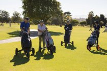Cuatro hombres y mujeres mayores caucásicos caminando por el campo de golf sosteniendo bolsas de golf. Golf deportes hobby, estilo de vida de jubilación saludable - foto de stock