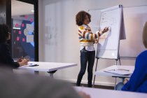 Femme d'affaires mixte debout au tableau blanc donnant la présentation à divers groupes de collègues. entreprise indépendante de design créatif. — Photo de stock