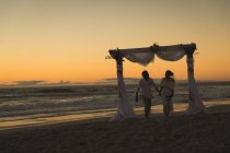 Afroamerikanisches verliebtes Paar, das bei Sonnenuntergang Händchen haltend am Strand spaziert. Liebe, Romantik und Hochzeit Strandurlaub Sommerurlaub. — Stockfoto