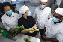 Corrida diversa chefs profissionais masculinos e femininos preparando legumes usando máscaras faciais. trabalhando em uma cozinha restaurante ocupado durante coronavírus covid 19 pandemia. — Fotografia de Stock