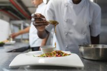 Sezione centrale del piatto di finitura professionale gara mista chef prima di servire. lavorando in una cucina ristorante occupato. — Foto stock