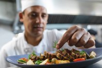 Mixed race professional chef finishing dish before serving with colleague in background. working in a busy restaurant kitchen. — Stock Photo
