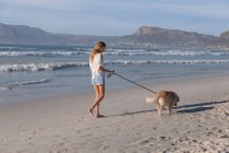 Kaukasische Frau, die mit einem Hund am Strand spazieren geht. gesunde Freizeit im Freien am Meer. — Stockfoto