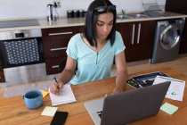 Femme transgenre mixte travaillant à la maison en utilisant un ordinateur portable buvant du café. rester à la maison dans l'isolement pendant le confinement en quarantaine. — Photo de stock
