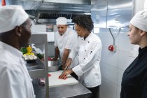 Divers chefs professionnels masculins et féminins de race préparant des légumes. travailler dans une cuisine de restaurant occupée. — Photo de stock