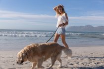Mulher caucasiana a passear um cão na praia. tempo de lazer ao ar livre saudável pelo mar. — Fotografia de Stock