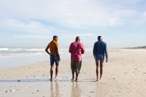 Вид ззаду на афроамериканського батька та його двох синів, що ходять разом на пляжі. літній пляжний відпочинок і концепція дозвілля . — стокове фото