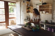 Sorridente donna caucasica che tende a piante in vaso in piedi in cucina cottage soleggiata. vita sana, vicino alla natura fuori dalla griglia casa rurale. — Foto stock