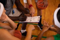 Різноманітна жіноча баскетбольна команда і тренер в гонках обговорюють тактику гри. баскетбол, спортивне тренування в критому дворі . — стокове фото