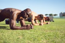 Grupo diverso de homens musculosos exercitando-se fazendo pranchas ao ar livre. estilo de vida ativo saudável, treinamento cruzado para conceito de aptidão. — Fotografia de Stock
