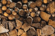 Nahaufnahme eines Haufens geschnittener und gestapelter Holzstämme im Freien. Brennholz und Zubehör. — Stockfoto