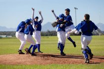 Diverso grupo de jogadores felizes de beisebol do sexo feminino comemorando no campo de beisebol ensolarado após o jogo. time de beisebol feminino, treinamento esportivo, união e compromisso. — Fotografia de Stock