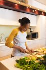 Mulher de raça mista em pé na cozinha cortando legumes. estilo de vida doméstico, desfrutando de tempo de lazer em casa. — Fotografia de Stock